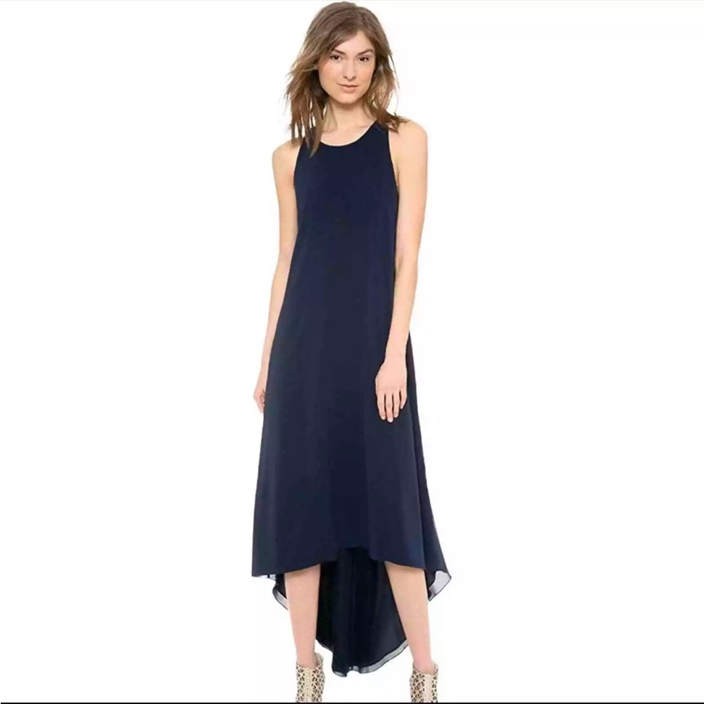 Alice + Olivia navy silk maxi dress with hi-low hemline and keyhole sz M